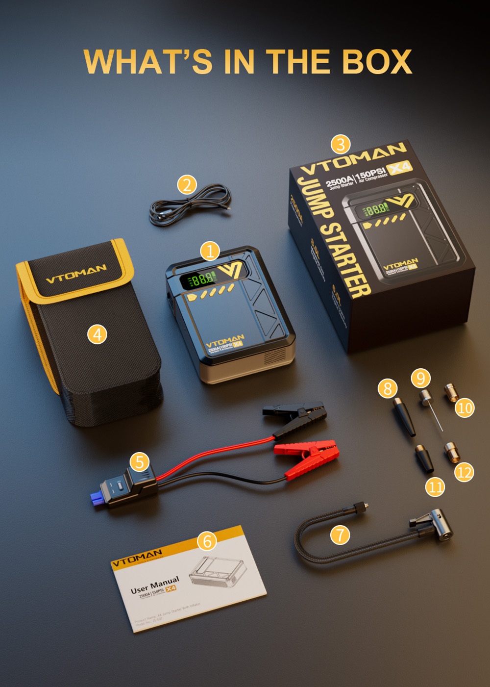 VTOMAN X4 2500A 12V Car Jump Starter  10000mAh Power Bank  150PSI Air Compressor  LED Flashlight  For 8 5L Gas and 6L Diesel En