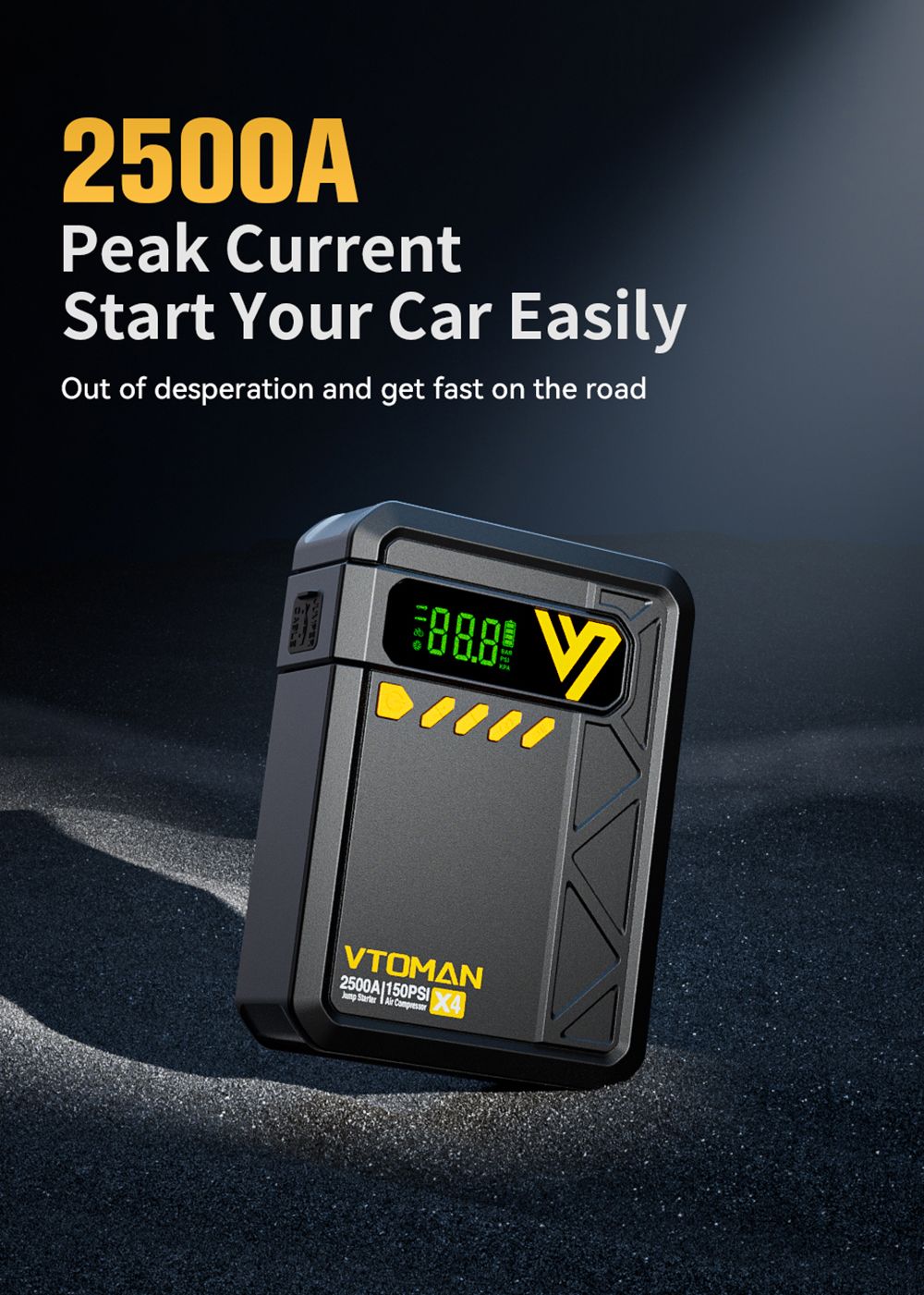 VTOMAN X4 2500A 12V Car Jump Starter  10000mAh Power Bank  150PSI Air Compressor  LED Flashlight  For 8 5L Gas and 6L Diesel En