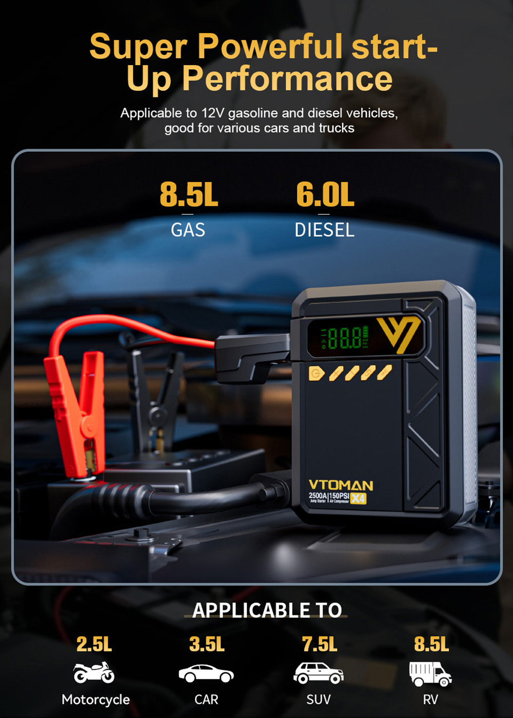 VTOMAN X4 2500A 12V Car Jump Starter  10000mAh Power Bank  150PSI Air Compressor  LED Flashlight  For 8 5L Gas and 6L Diesel En