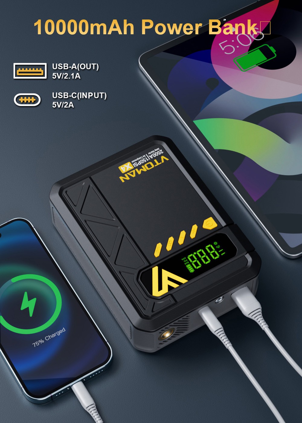 VTOMAN X4 2500A 12V Car Jump Starter  10000mAh Power Bank  150PSI Air Compressor  LED Flashlight  For 8 5L Gas and 6L Diesel En