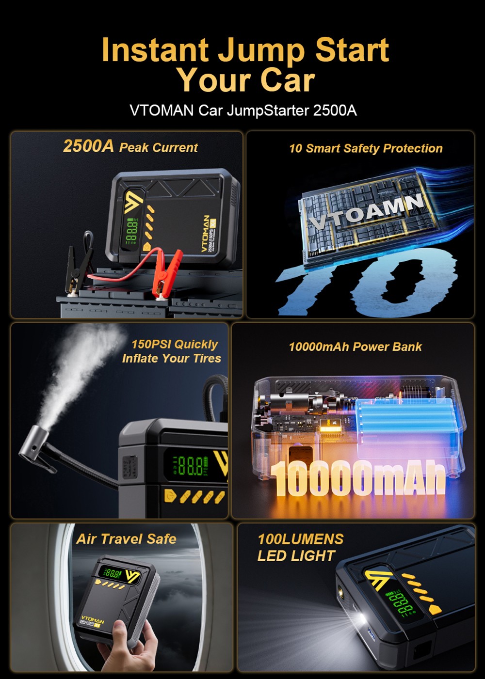 VTOMAN X4 2500A 12V Car Jump Starter  10000mAh Power Bank  150PSI Air Compressor  LED Flashlight  For 8 5L Gas and 6L Diesel En