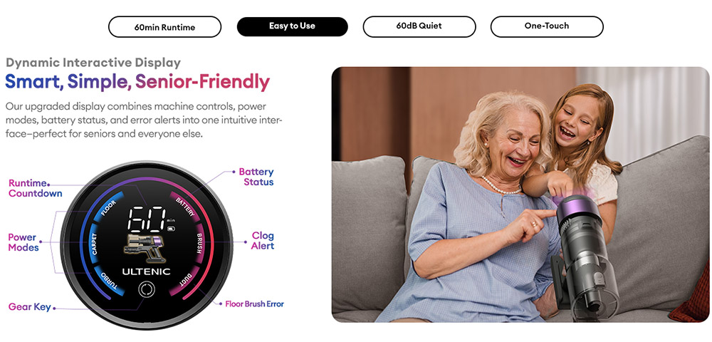 Ultenic U20 Cordless Stick Vacuum  55 000Pa Suction  1 5L Dustbin  60-Min Runtime  65cm Bendable Wand  7-Stage Filtration  Dyna