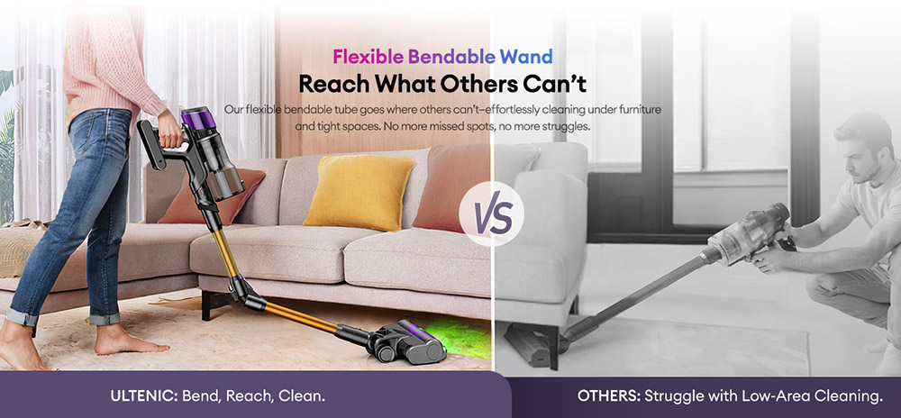 Ultenic U20 Cordless Stick Vacuum  55 000Pa Suction  1 5L Dustbin  60-Min Runtime  65cm Bendable Wand  7-Stage Filtration  Dyna