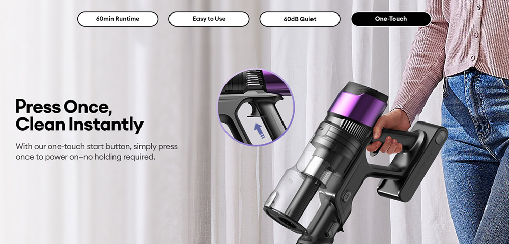 Ultenic U20 Cordless Stick Vacuum  55 000Pa Suction  1 5L Dustbin  60-Min Runtime  65cm Bendable Wand  7-Stage Filtration  Dyna