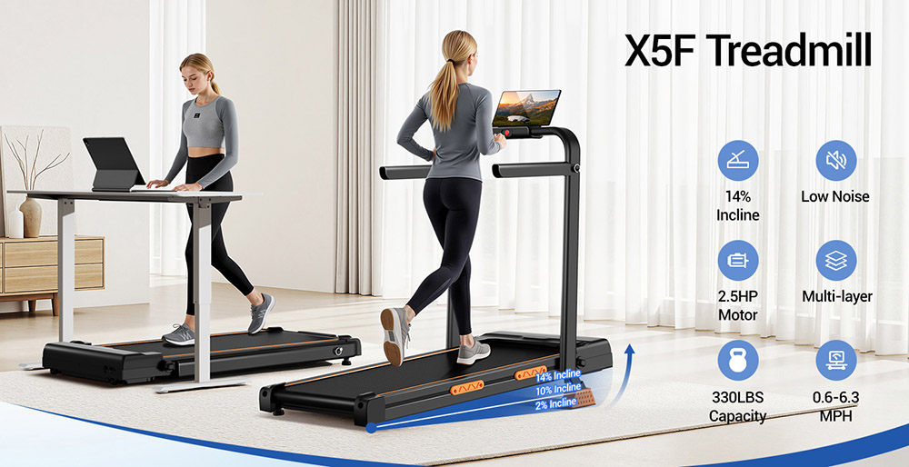 ROBORE X5F Foldable Treadmill with 14% Incline  2 5HP Quiet Motor  10km/h Max Speed  150kg Load  3-Level Incline  LED Display