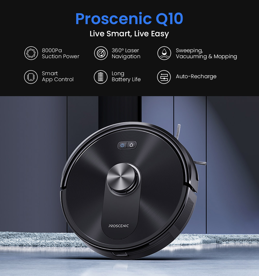 Proscenic Q10 Robot Vacuum Cleaner with Mop 8000Pa Strong Suction 360° LIDAR Navigation 200-Min Runtime Auto-Recharge
