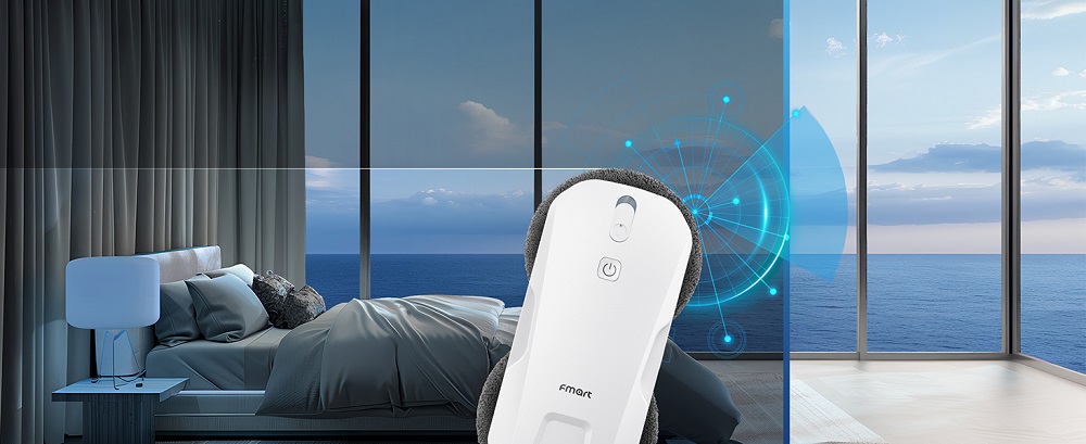 FMART T11 Fensterputzroboter mit 10 Wischt&uuml;chern, 5300Pa Saugkraft, 4-Wege-Automatik-Spr&uuml;hfunktion, 100ml Tank, 60mm schlankes Design, 20min Laufzeit, 4m Sicherheitsseil, intelligente Navigation, Fernbedienung