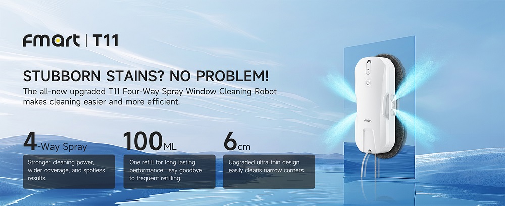 FMART T11 Fensterputzroboter mit 10 Wischt&uuml;chern, 5300Pa Saugkraft, 4-Wege-Automatik-Spr&uuml;hfunktion, 100ml Tank, 60mm schlankes Design, 20min Laufzeit, 4m Sicherheitsseil, intelligente Navigation, Fernbedienung