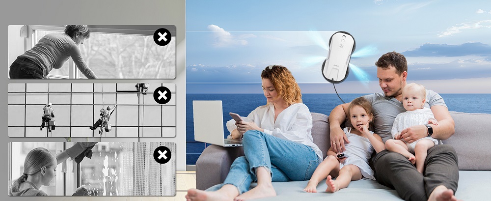 FMART T11 Fensterputzroboter mit 10 Wischt&uuml;chern, 5300Pa Saugkraft, 4-Wege-Automatik-Spr&uuml;hfunktion, 100ml Tank, 60mm schlankes Design, 20min Laufzeit, 4m Sicherheitsseil, intelligente Navigation, Fernbedienung