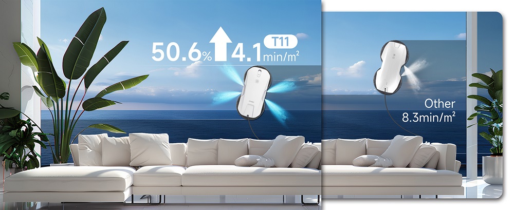 FMART T11 Fensterputzroboter mit 10 Wischt&uuml;chern, 5300Pa Saugkraft, 4-Wege-Automatik-Spr&uuml;hfunktion, 100ml Tank, 60mm schlankes Design, 20min Laufzeit, 4m Sicherheitsseil, intelligente Navigation, Fernbedienung