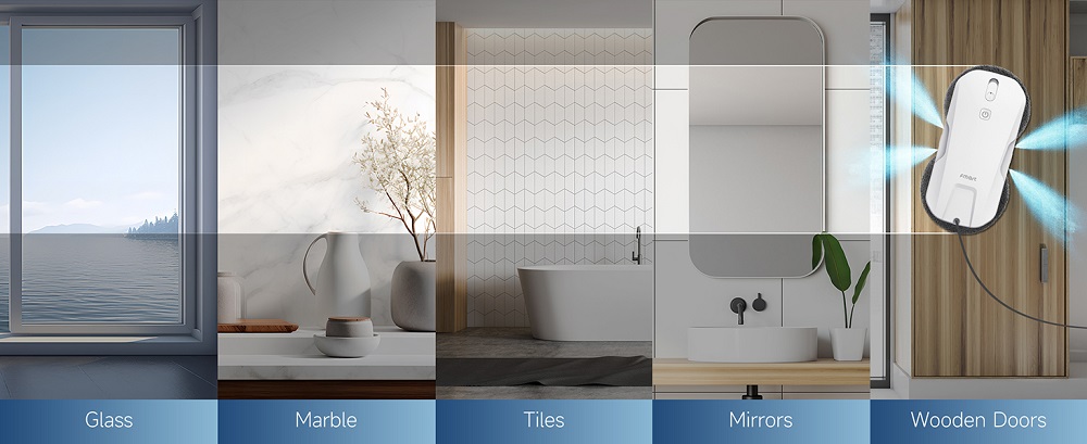 FMART T11 Fensterputzroboter mit 10 Wischt&uuml;chern, 5300Pa Saugkraft, 4-Wege-Automatik-Spr&uuml;hfunktion, 100ml Tank, 60mm schlankes Design, 20min Laufzeit, 4m Sicherheitsseil, intelligente Navigation, Fernbedienung