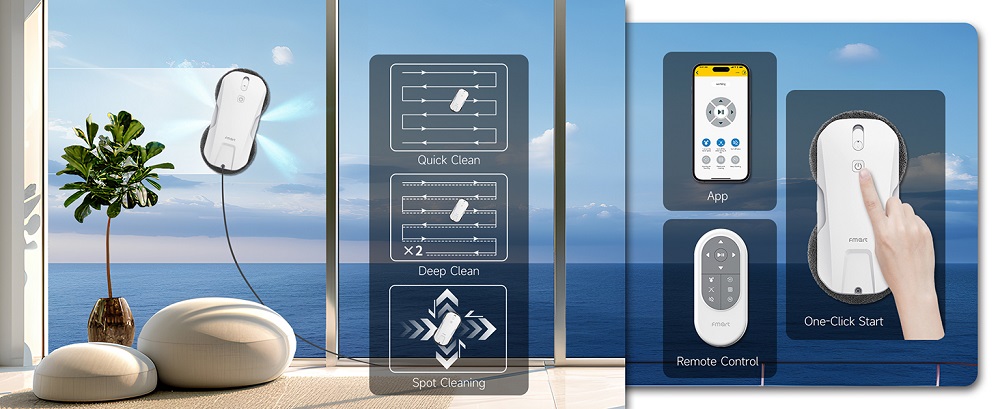 FMART T11 Fensterputzroboter mit 10 Wischt&uuml;chern, 5300Pa Saugkraft, 4-Wege-Automatik-Spr&uuml;hfunktion, 100ml Tank, 60mm schlankes Design, 20min Laufzeit, 4m Sicherheitsseil, intelligente Navigation, Fernbedienung