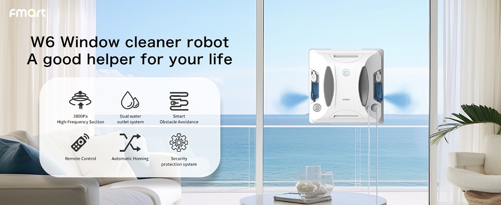 FMART W6 Ablaktiszt&iacute;t&oacute; Robot, 3800Pa Erőteljes Sz&iacute;v&oacute;erő, Kettős Ultrahangos V&iacute;zpermetez&eacute;s, AI SLAM Navig&aacute;ci&oacute;, Alkalmaz&aacute;s &eacute;s 2.4G T&aacute;vir&aacute;ny&iacute;t&oacute;, UPS Tartal&eacute;k, Belt&eacute;ri &eacute;s Magas&eacute;p&iacute;t&eacute;si Keret N&eacute;lk&uuml;li Ablakokhoz