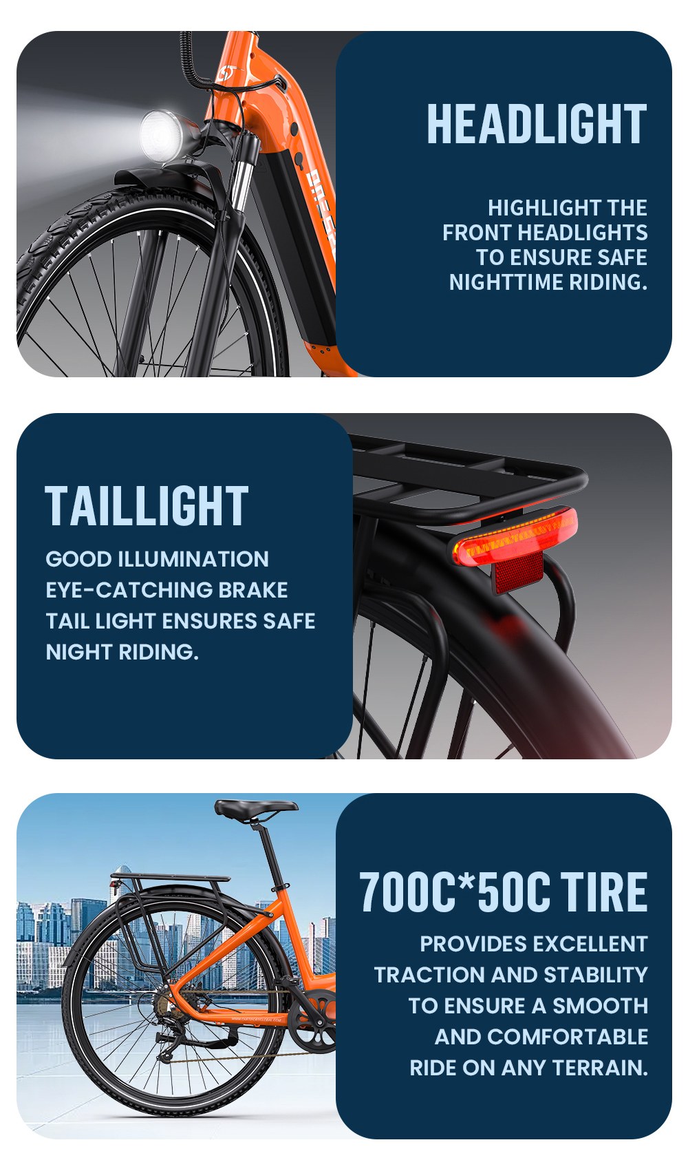 Onesport OT05 Pro V&eacute;lo &eacute;lectrique, moteur 250 W, batterie 36 V 22,5 Ah, pneus 700*50C, vitesse maximale 25 km/h, autonomie 140 km, freins &agrave; disque hydrauliques, fourche &agrave; suspension avant, transmission Shimano 7 vitesses - Orange