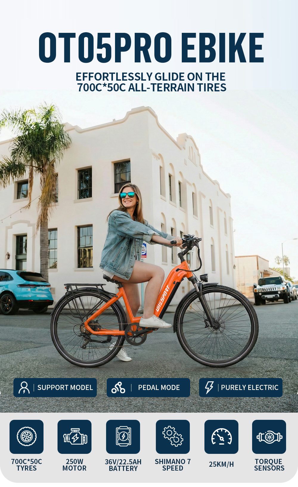 Onesport OT05 Pro V&eacute;lo &eacute;lectrique, moteur 250 W, batterie 36 V 22,5 Ah, pneus 700*50C, vitesse maximale 25 km/h, autonomie 140 km, freins &agrave; disque hydrauliques, fourche &agrave; suspension avant, transmission Shimano 7 vitesses - Orange