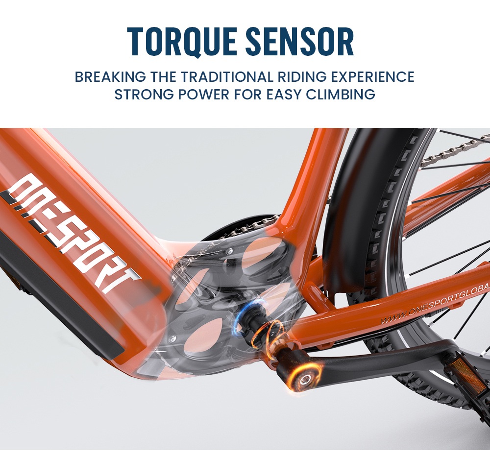 Onesport OT05 Pro V&eacute;lo &eacute;lectrique, moteur 250 W, batterie 36 V 22,5 Ah, pneus 700*50C, vitesse maximale 25 km/h, autonomie 140 km, freins &agrave; disque hydrauliques, fourche &agrave; suspension avant, transmission Shimano 7 vitesses - Orange