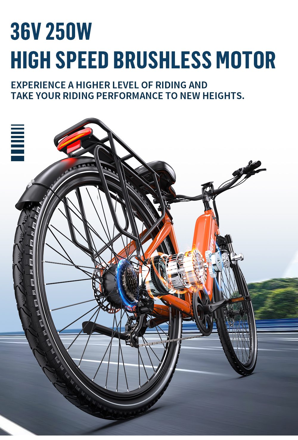 Onesport OT05 Pro V&eacute;lo &eacute;lectrique, moteur 250 W, batterie 36 V 22,5 Ah, pneus 700*50C, vitesse maximale 25 km/h, autonomie 140 km, freins &agrave; disque hydrauliques, fourche &agrave; suspension avant, transmission Shimano 7 vitesses - Orange