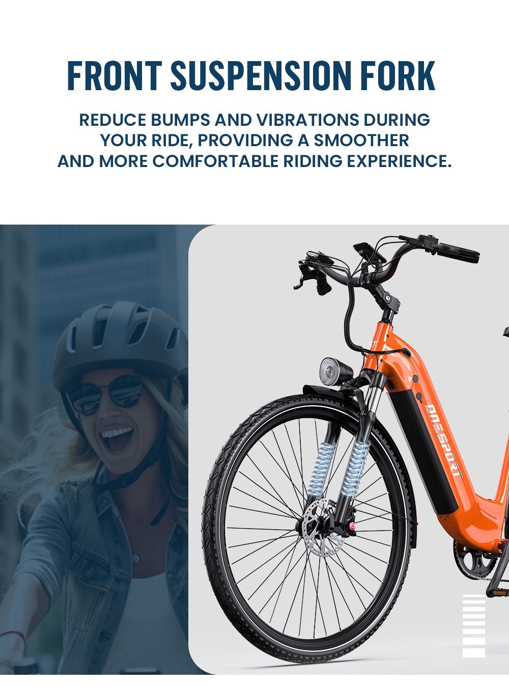 Onesport OT05 Pro V&eacute;lo &eacute;lectrique, moteur 250 W, batterie 36 V 22,5 Ah, pneus 700*50C, vitesse maximale 25 km/h, autonomie 140 km, freins &agrave; disque hydrauliques, fourche &agrave; suspension avant, transmission Shimano 7 vitesses - Orange