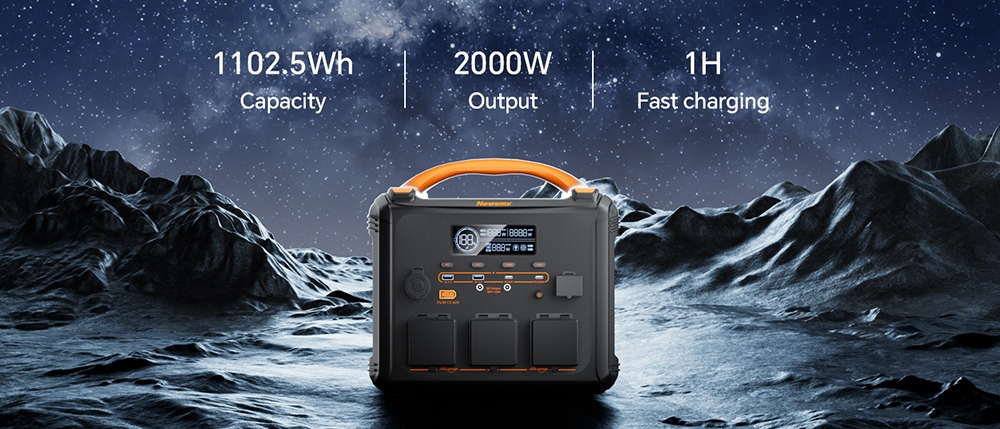 Station d'alimentation portable NEWSMY S1210 2000 W, puissance de crête de 3000 W, batterie LiMnFePO₄ de 1102,5 Wh, charge rapide CA de 1300 W, générateur solaire MPPT, 3 sorties CA, USB-C et CC pour l'alimentation de secours à domicile, le camping et les installations hors réseau.