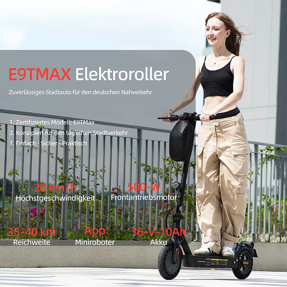 E9TMax Electric Scooter, 500W Motor, 36V10Ah Battery, 20km/h Speed, 40km Range, 10