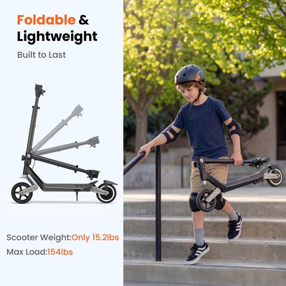 Trottinette électrique pour enfants iScooter K6, moteur 150W, batterie 21V 2.6Ah, vitesse maximale 16 km/h, autonomie 9 km, 3 modes de vitesse, hauteur réglable, pliable avec éclairage LED et Bluetooth, charge maximale 70 kg.