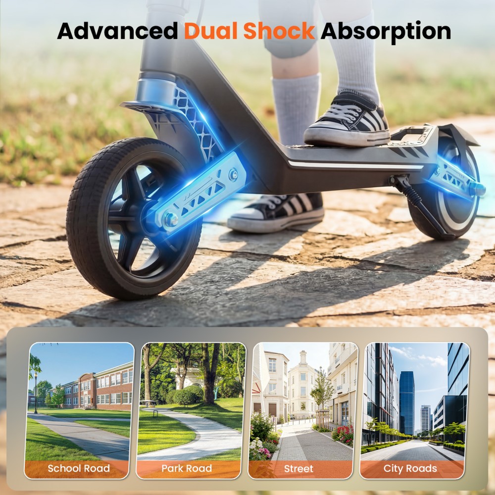 Trottinette électrique pour enfants iScooter K6, moteur 150W, batterie 21V 2.6Ah, vitesse maximale 16 km/h, autonomie 9 km, 3 modes de vitesse, hauteur réglable, pliable avec éclairage LED et Bluetooth, charge maximale 70 kg.