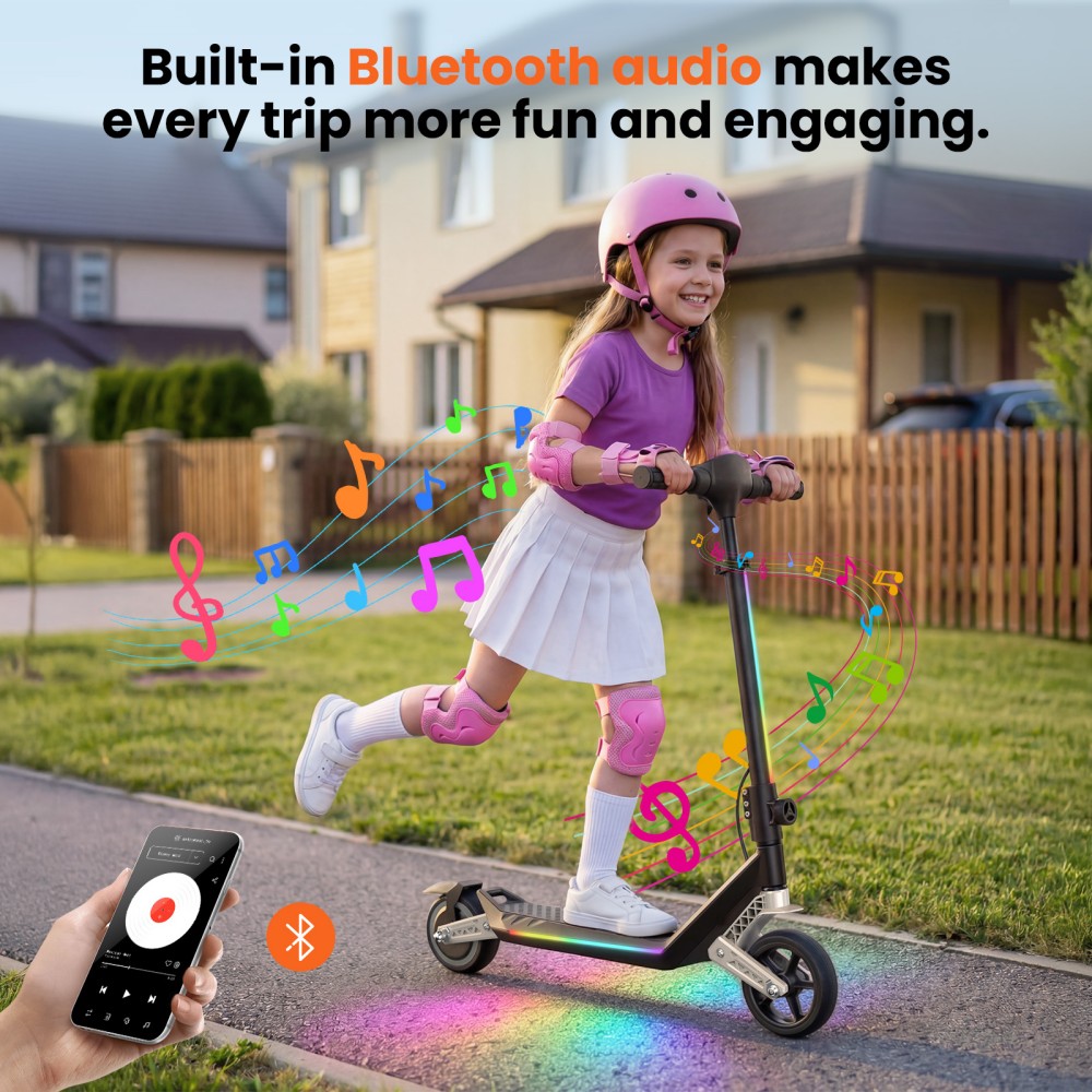 Trottinette électrique pour enfants iScooter K6, moteur 150W, batterie 21V 2.6Ah, vitesse maximale 16 km/h, autonomie 9 km, 3 modes de vitesse, hauteur réglable, pliable avec éclairage LED et Bluetooth, charge maximale 70 kg.