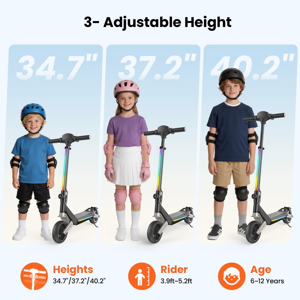 Trottinette électrique pour enfants iScooter K6, moteur 150W, batterie 21V 2.6Ah, vitesse maximale 16 km/h, autonomie 9 km, 3 modes de vitesse, hauteur réglable, pliable avec éclairage LED et Bluetooth, charge maximale 70 kg.