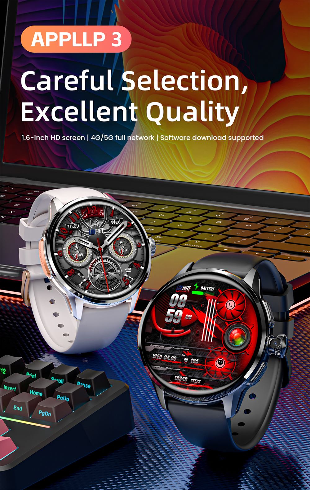 LOKMAT APPLLP 3 Smartwatch, 1,6-Zoll-AMOLED-HD-Display, SIM-Karten-Unterst&uuml;tzung, 3GB+32GB Speicher, GPS- und WiFi-Konnektivit&auml;t, Android-Smartwatch, Gesundheits&uuml;berwachung und Fitness-Tracker - Schwarz