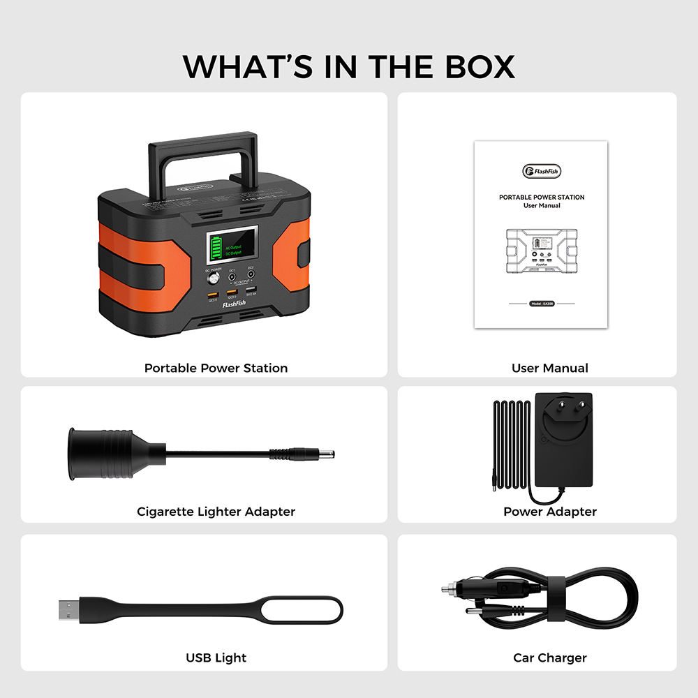FlashFish EA200 Portable Power Station  Lithium-ion 18650 Battery  200W Pure Sine Wave Output  400W Surge  230V AC Outlet  QC3