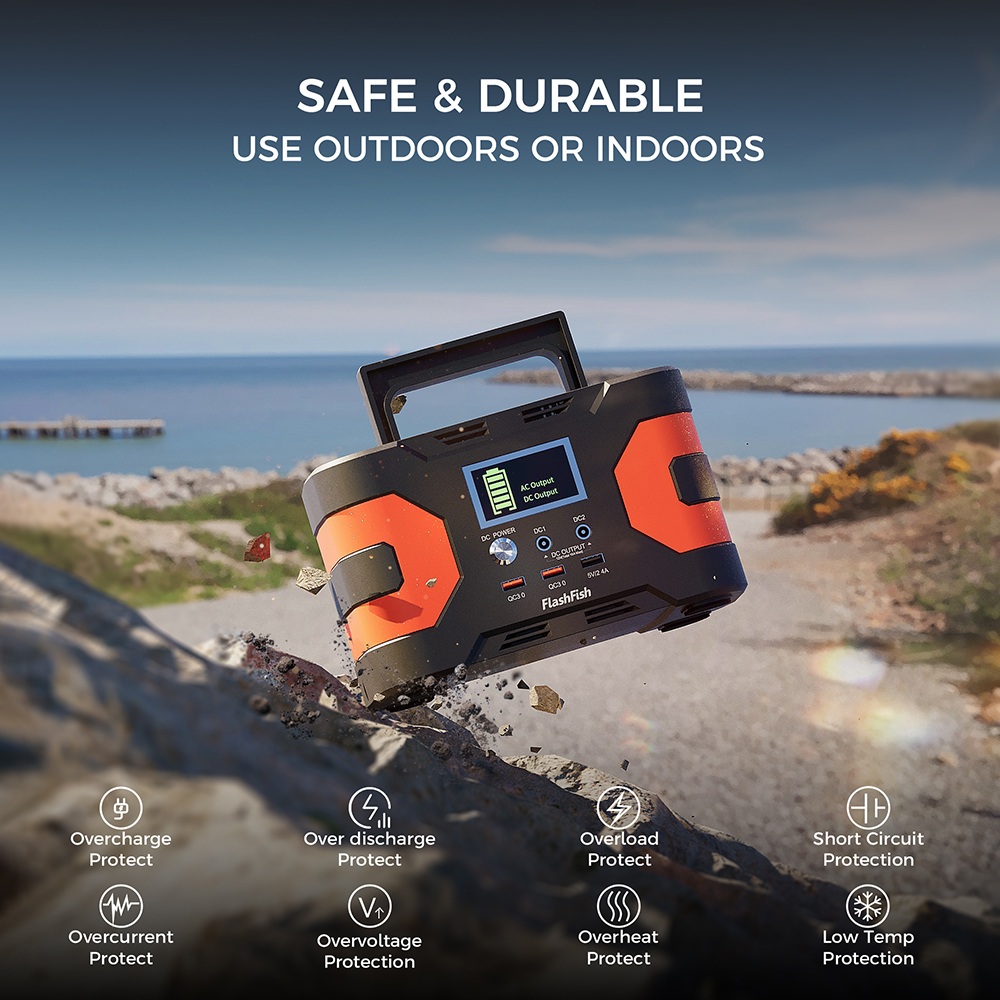 FlashFish EA200 Portable Power Station  Lithium-ion 18650 Battery  200W Pure Sine Wave Output  400W Surge  230V AC Outlet  QC3