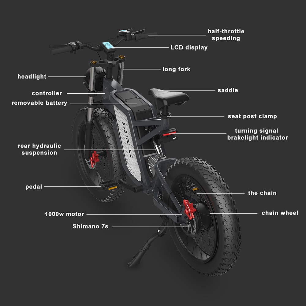 GUNAI MX25 48V 25Ah 1000W 20X4 0 inch Electric Bicycle Oil Brakes 50-60KM Mileage 200KG Payload EBike Black